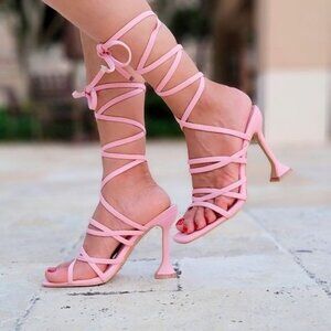 Women's Pink Strappy Pyramid Heel Gladiator Sandals